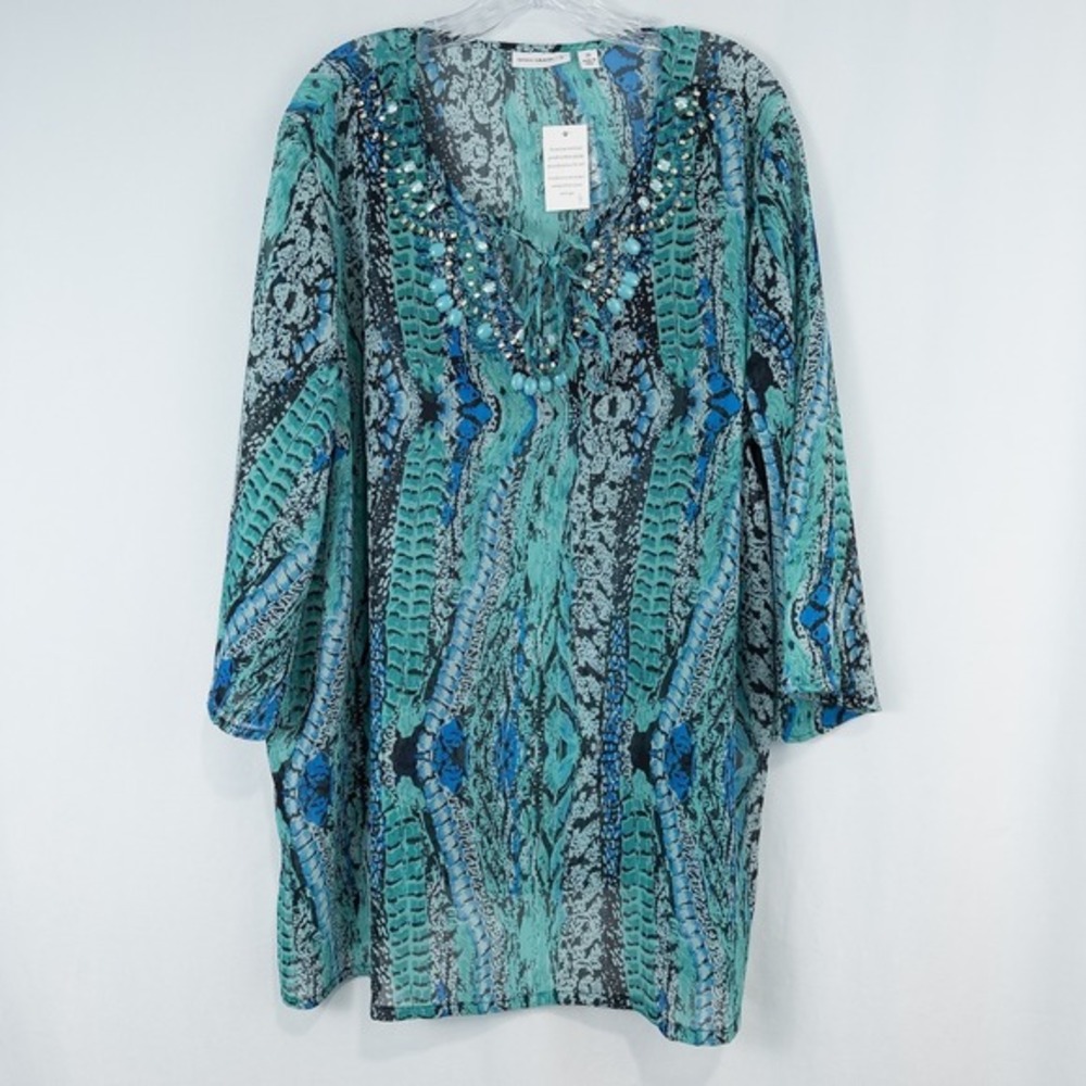 Susan Graver Beaded Printed Sheer Chiffon 3/4 Sleeve Top Womens 2X‎ Green Blue